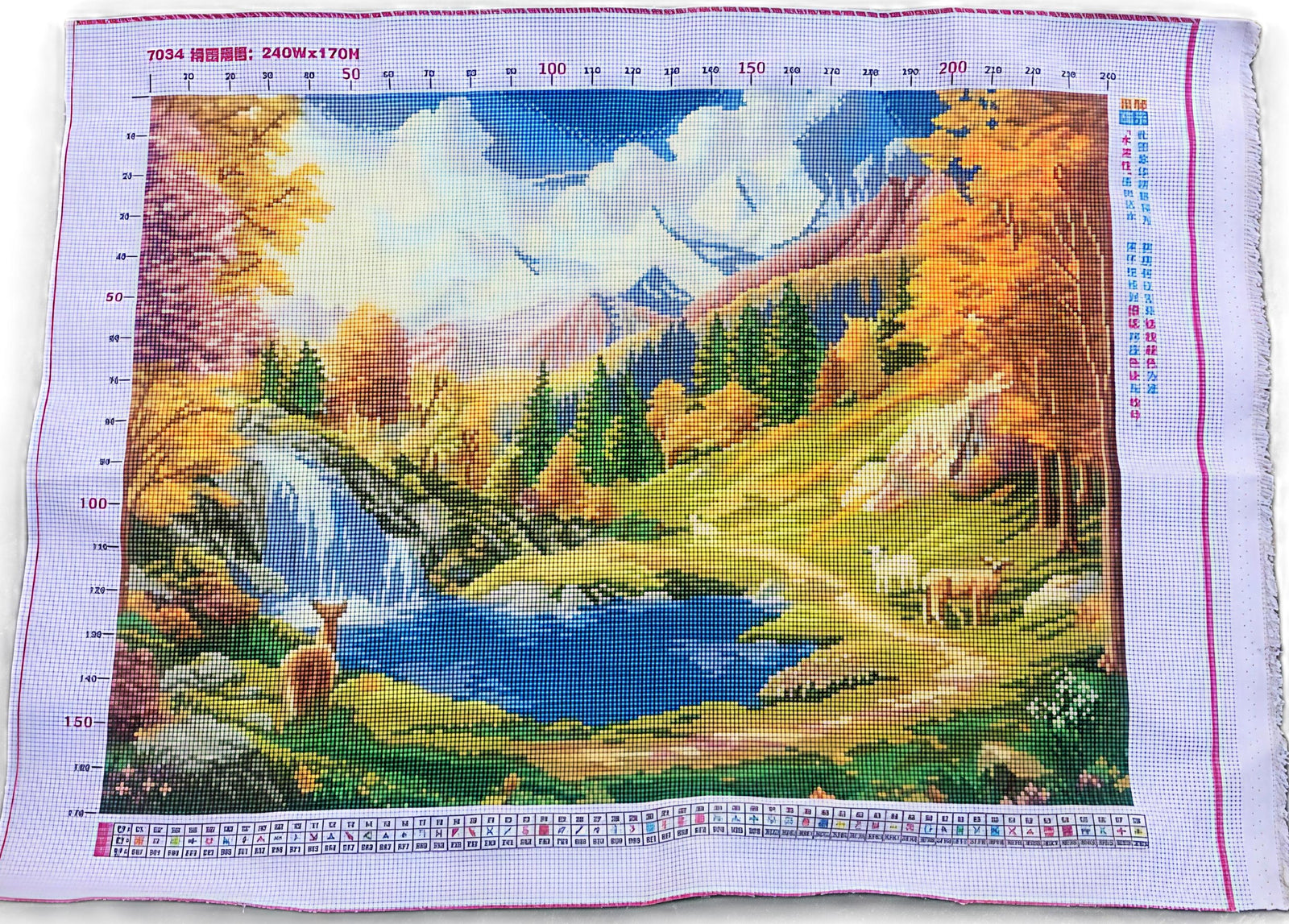 Finished Cross Stitch Wall Art - Autumn Mountain Waterfall & Deer