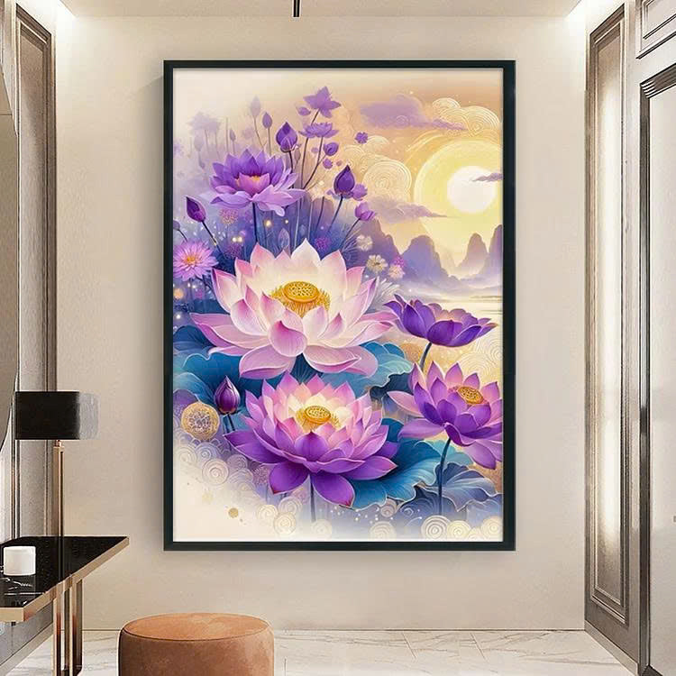 Finished Cross Stitch Wall Art - Sunset Lotus Pond