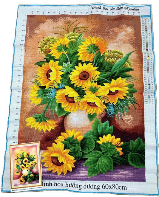 Finished Cross Stitch Wall Art - Rustic Sunflower Bouquet in Pitcher (Completed Handmade Canvas, Full Coverage Textile Art)
