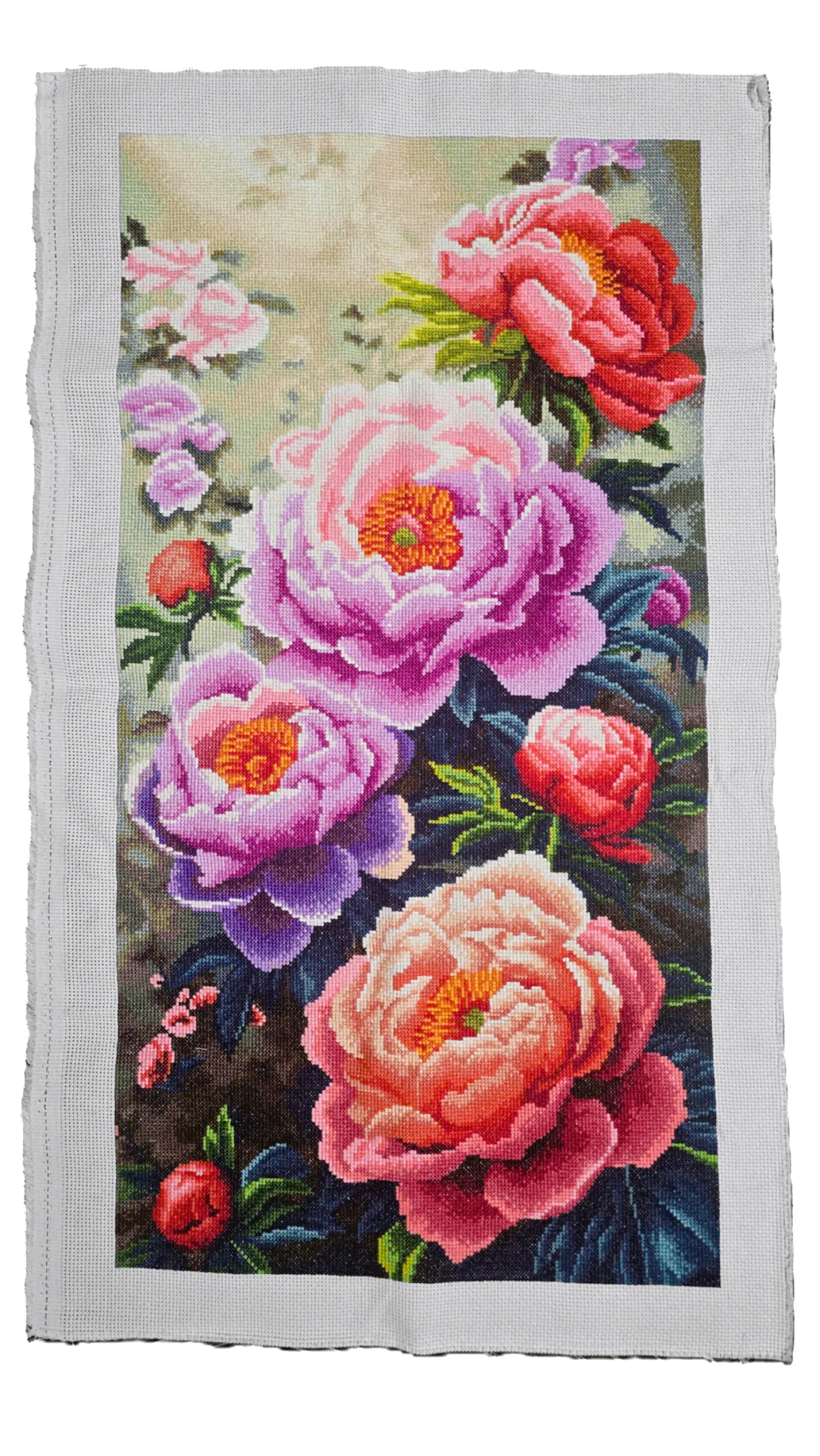 Finished Cross Stitch Wall Art - Imperial Peony Blooms