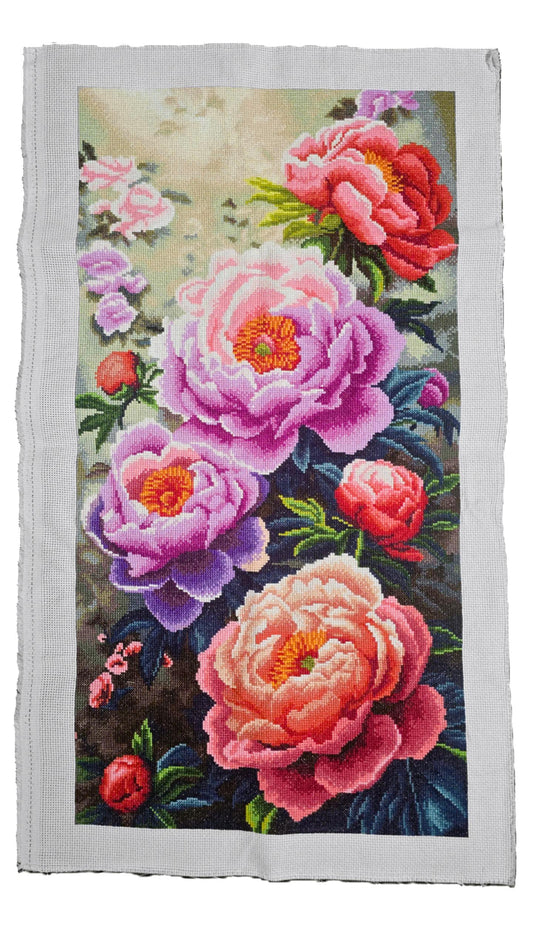 Finished Cross Stitch Wall Art - Imperial Peony Blooms