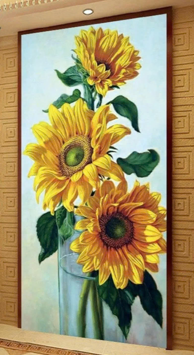 Finished Cross Stitch Wall Art - Elegant Sunflowers in Glass Vase