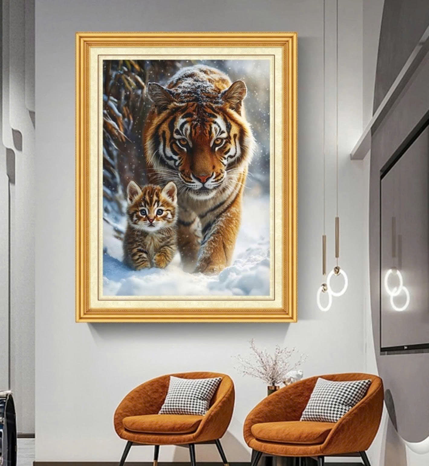 Finished Cross Stitch Wall Art - Tiger and Kitten Winter Scene (Completed Handmade Piece)