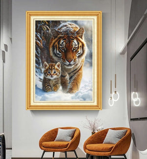 Finished Cross Stitch Wall Art - Tiger and Kitten Winter Scene (Completed Handmade Piece)