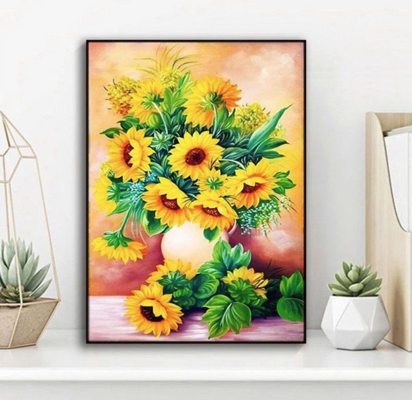 Finished Cross Stitch Wall Art - Rustic Sunflower Bouquet in Pitcher (Completed Handmade Canvas, Full Coverage Textile Art)