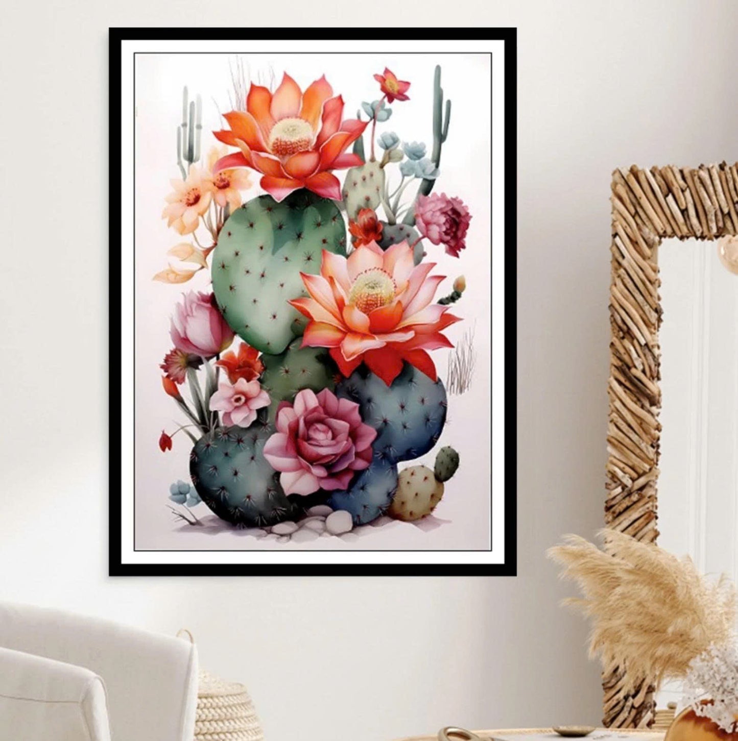 Finished Cross Stitch Wall Art - Blooming Desert Cactus