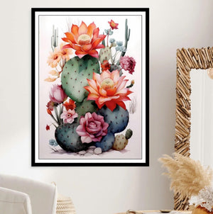 Finished Cross Stitch Wall Art - Blooming Desert Cactus