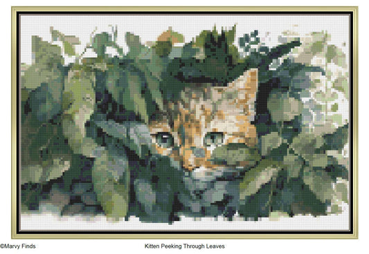 Kitten Peeking Through Leaves - Realistic Cross Stitch Pattern (Digital PDF)