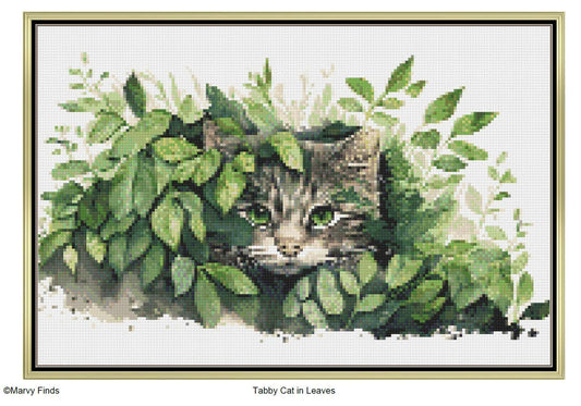 Tabby Cat in Leaves - Realistic Watercolor Cross Stitch Pattern (Digital PDF)
