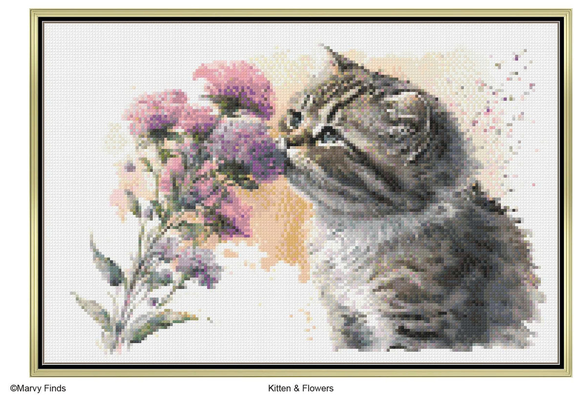 Kitten & Flowers - Realistic Watercolor Cross Stitch Pattern (Digital PDF)