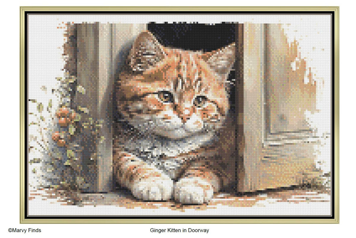 Ginger Kitten in Doorway - Realistic Watercolor Cross Stitch Pattern (Digital PDF)