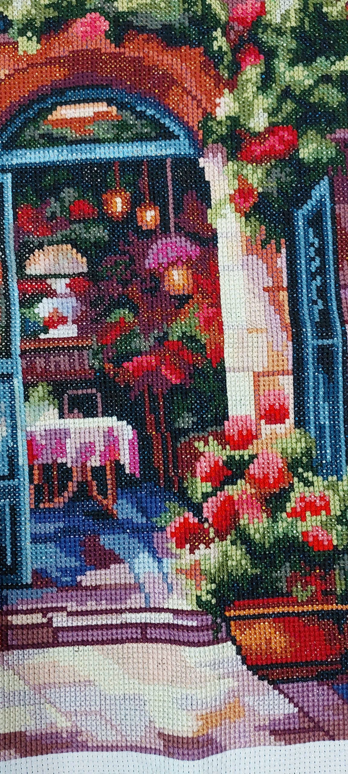 Hand-Stitched Romantic Mediterranean Street Café Textile Art Piece (Full Coverage)