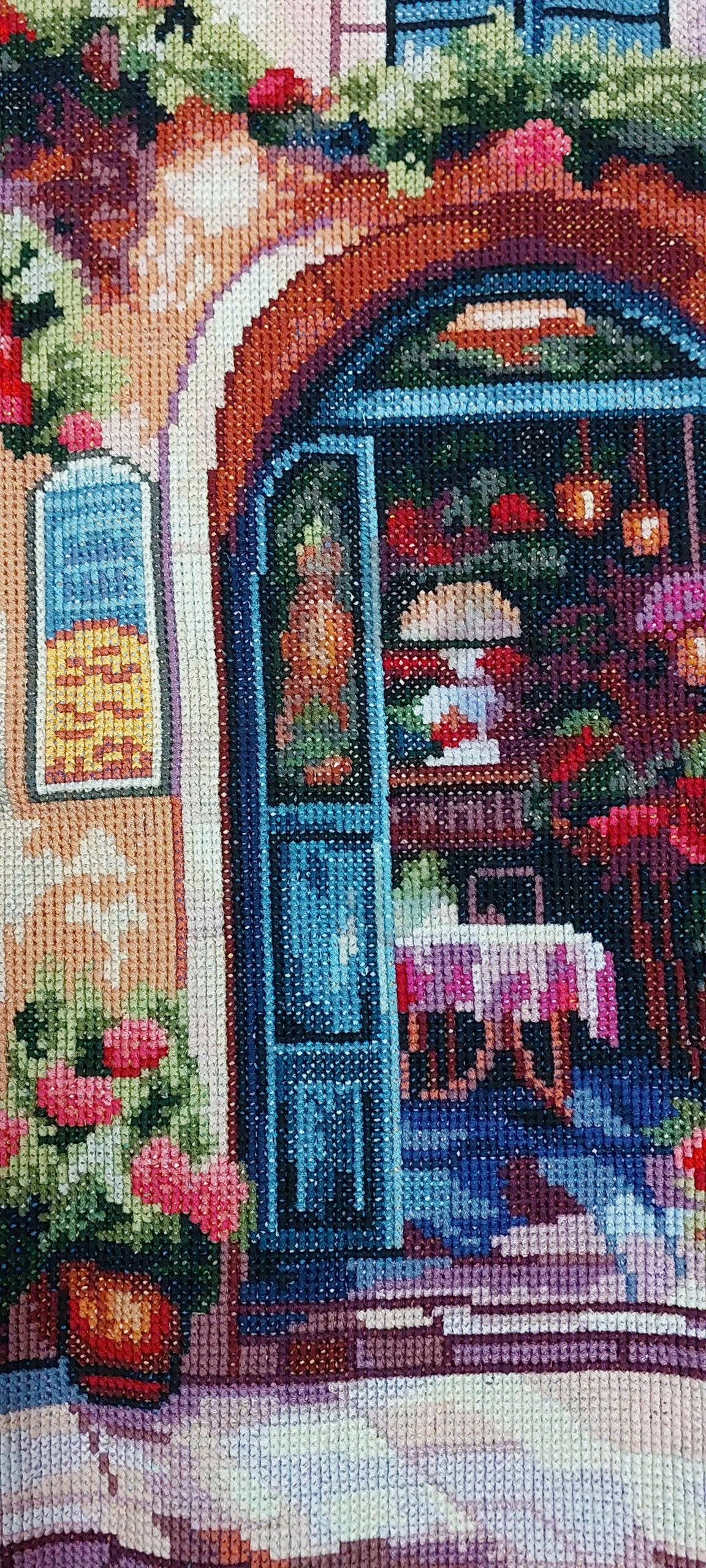 Hand-Stitched Romantic Mediterranean Street Café Textile Art Piece (Full Coverage)