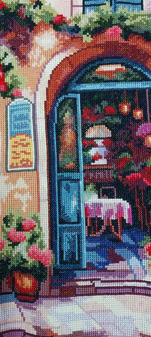 Hand-Stitched Romantic Mediterranean Street Café Textile Art Piece (Full Coverage)