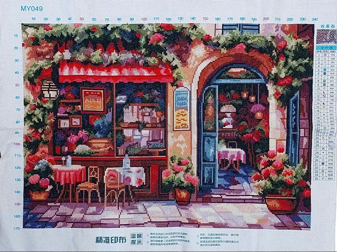Hand-Stitched Romantic Mediterranean Street Café Textile Art Piece (Full Coverage)