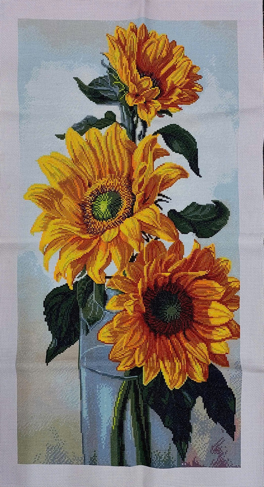 Finished Cross Stitch Wall Art - Elegant Sunflowers in Glass Vase