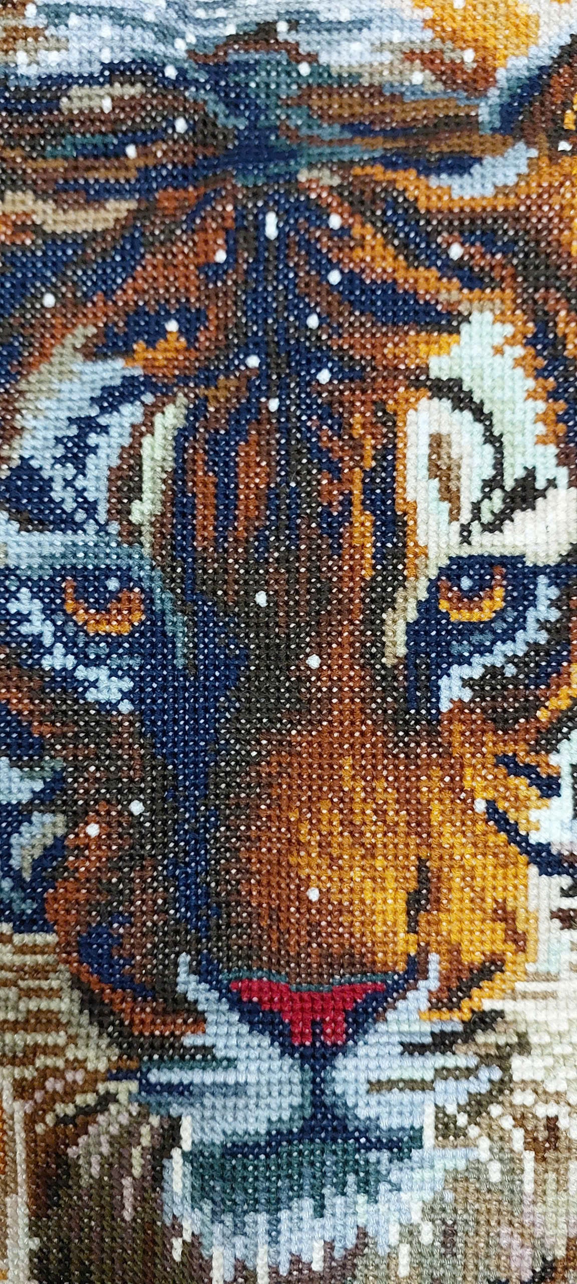 Finished Cross Stitch Wall Art - Tiger and Kitten Winter Scene (Completed Handmade Piece)