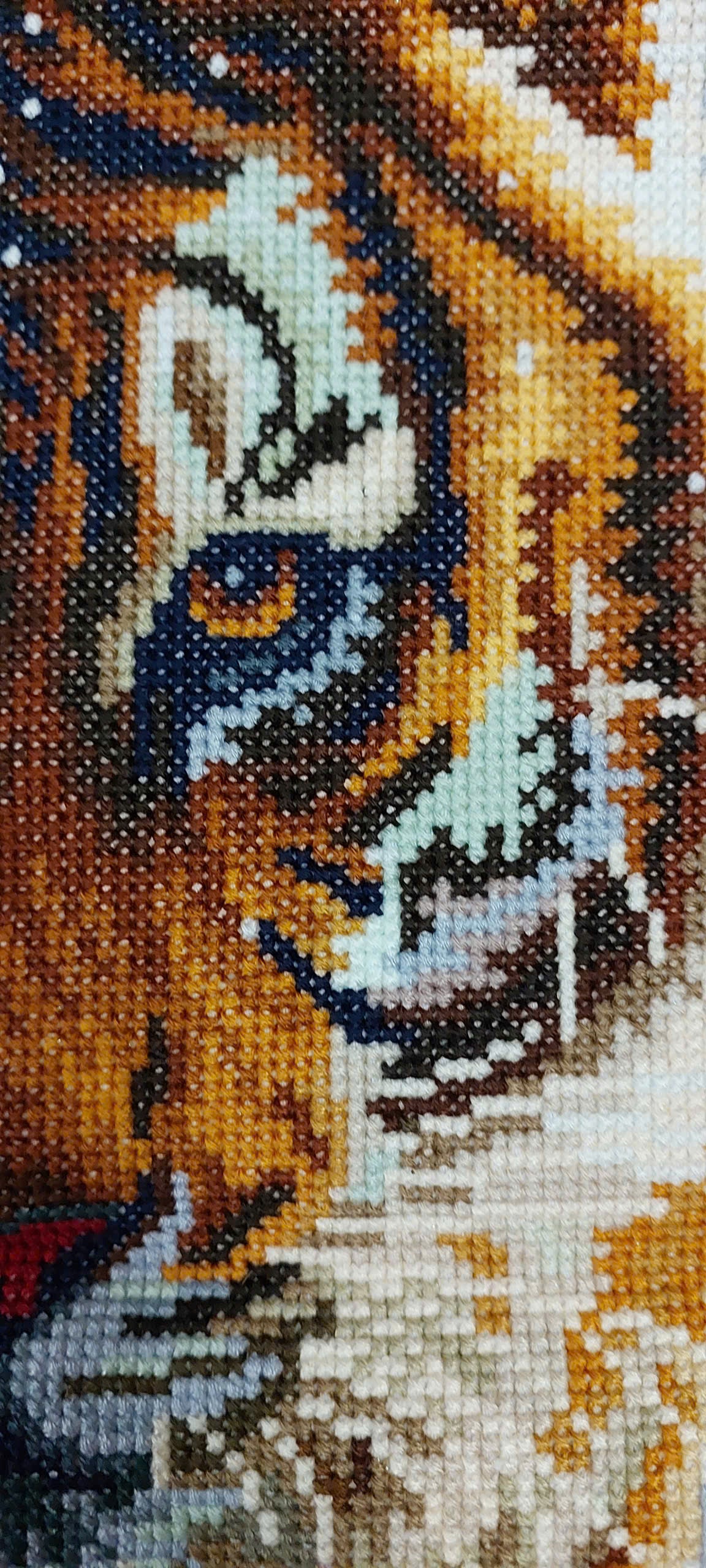 Finished Cross Stitch Wall Art - Tiger and Kitten Winter Scene (Completed Handmade Piece)