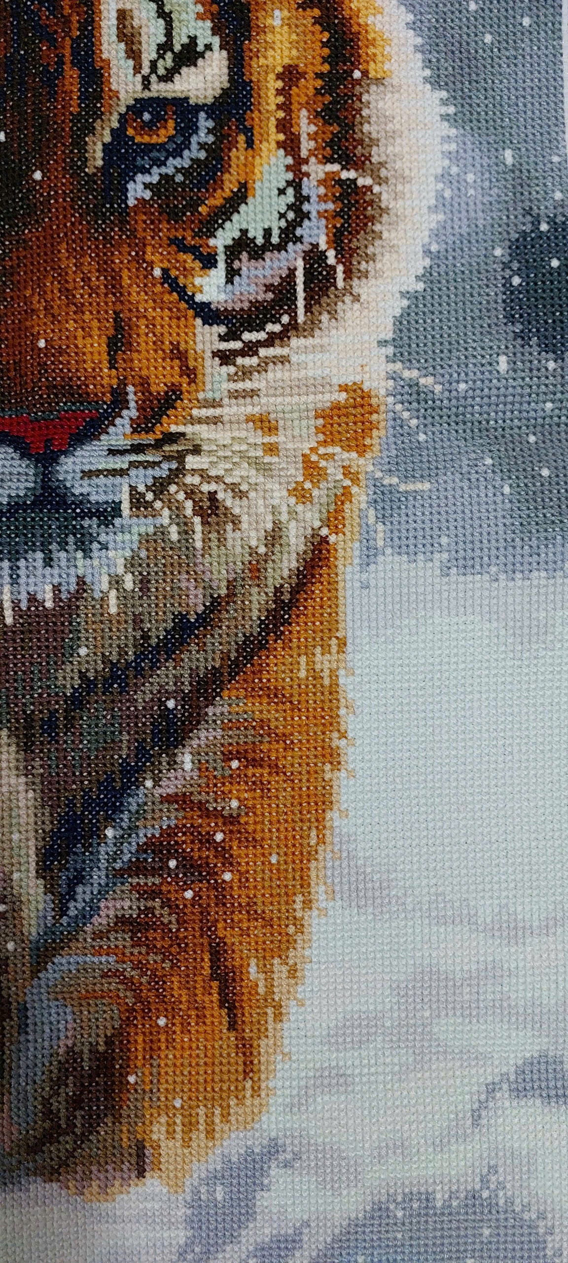 Finished Cross Stitch Wall Art - Tiger and Kitten Winter Scene (Completed Handmade Piece)