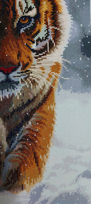 Finished Cross Stitch Wall Art - Tiger and Kitten Winter Scene (Completed Handmade Piece)