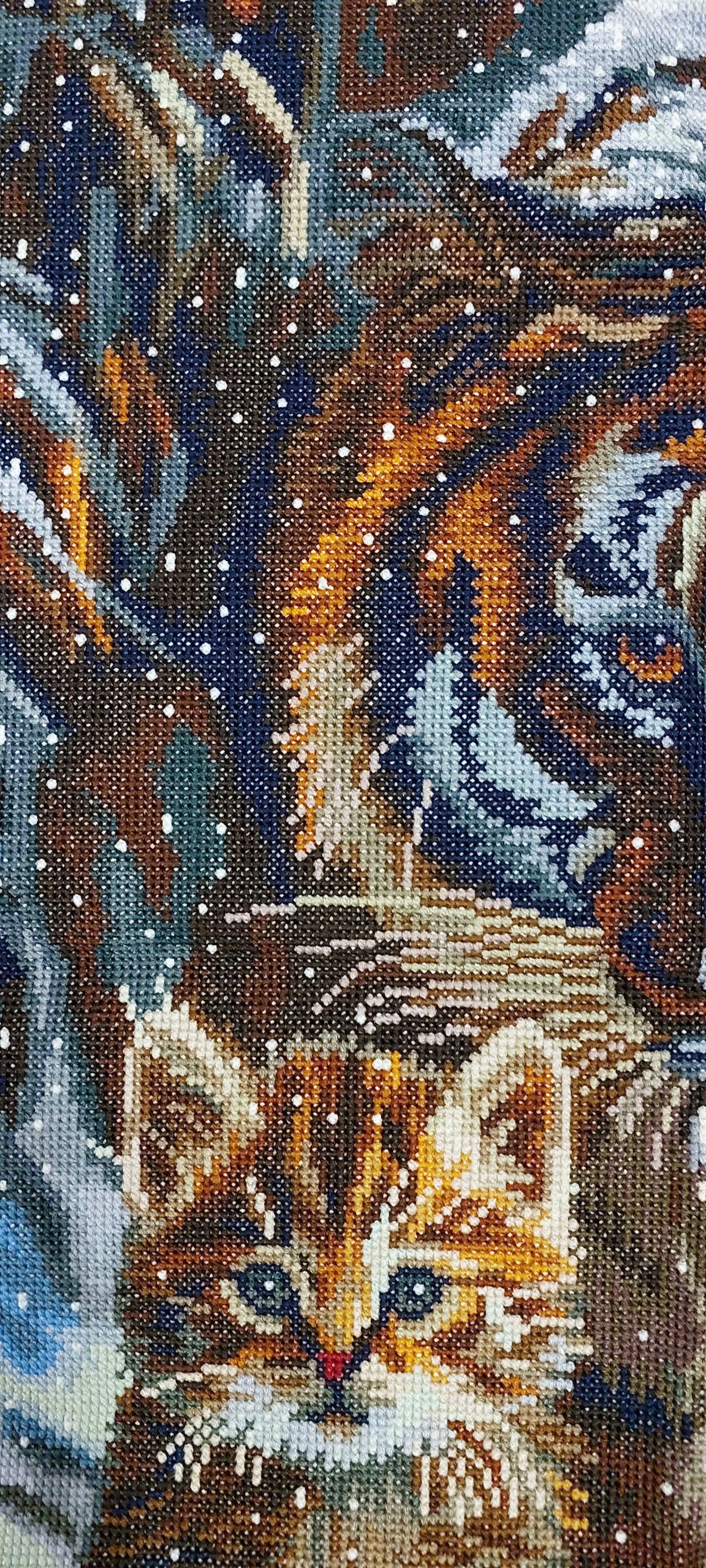 Finished Cross Stitch Wall Art - Tiger and Kitten Winter Scene (Completed Handmade Piece)