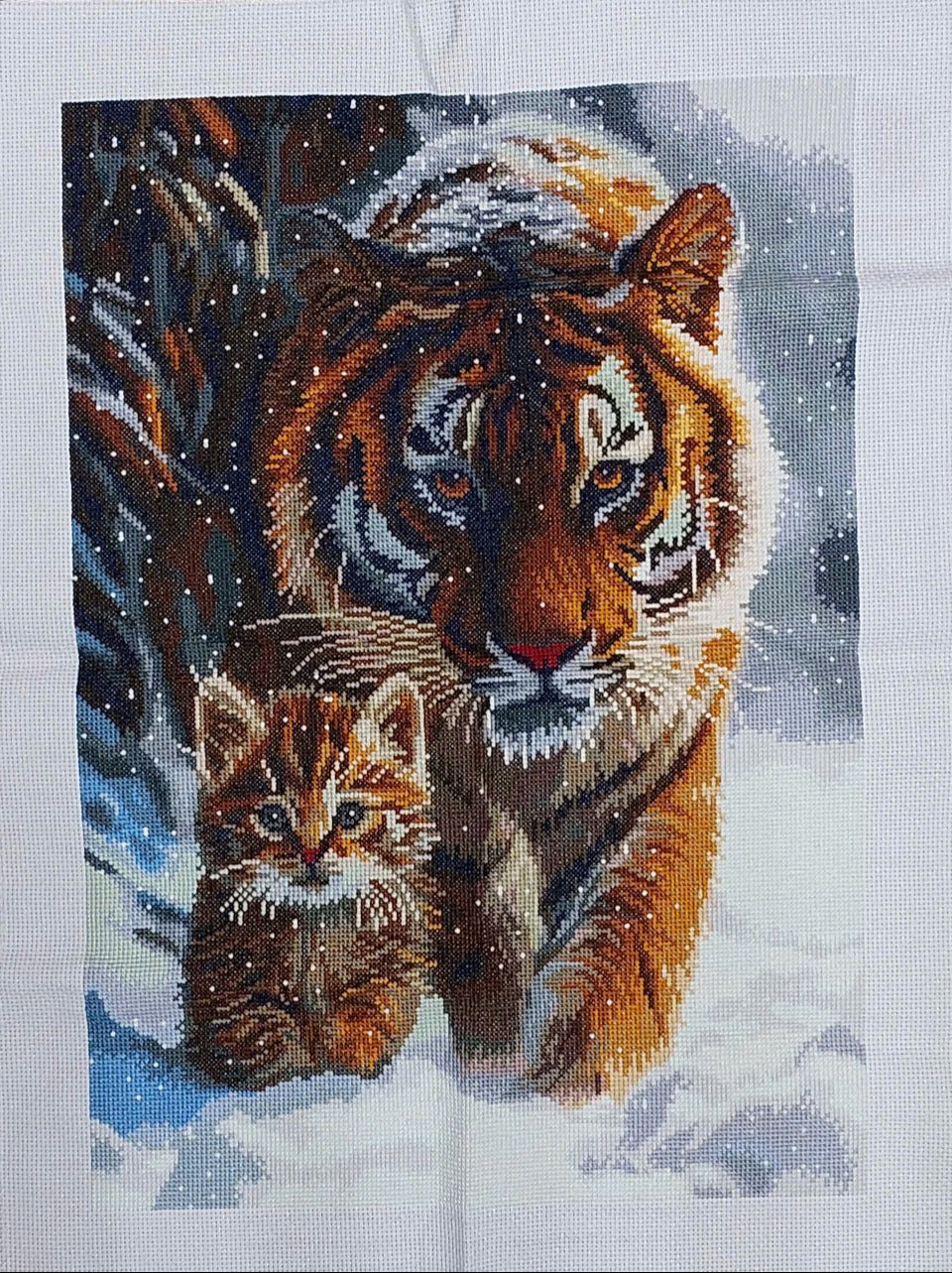Finished Cross Stitch Wall Art - Tiger and Kitten Winter Scene (Completed Handmade Piece)