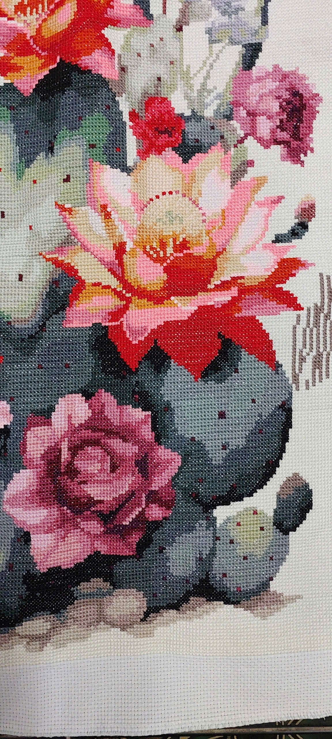Finished Cross Stitch Wall Art - Blooming Desert Cactus