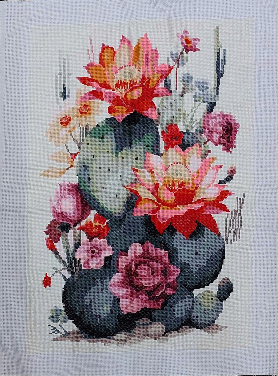 Finished Cross Stitch Wall Art - Blooming Desert Cactus