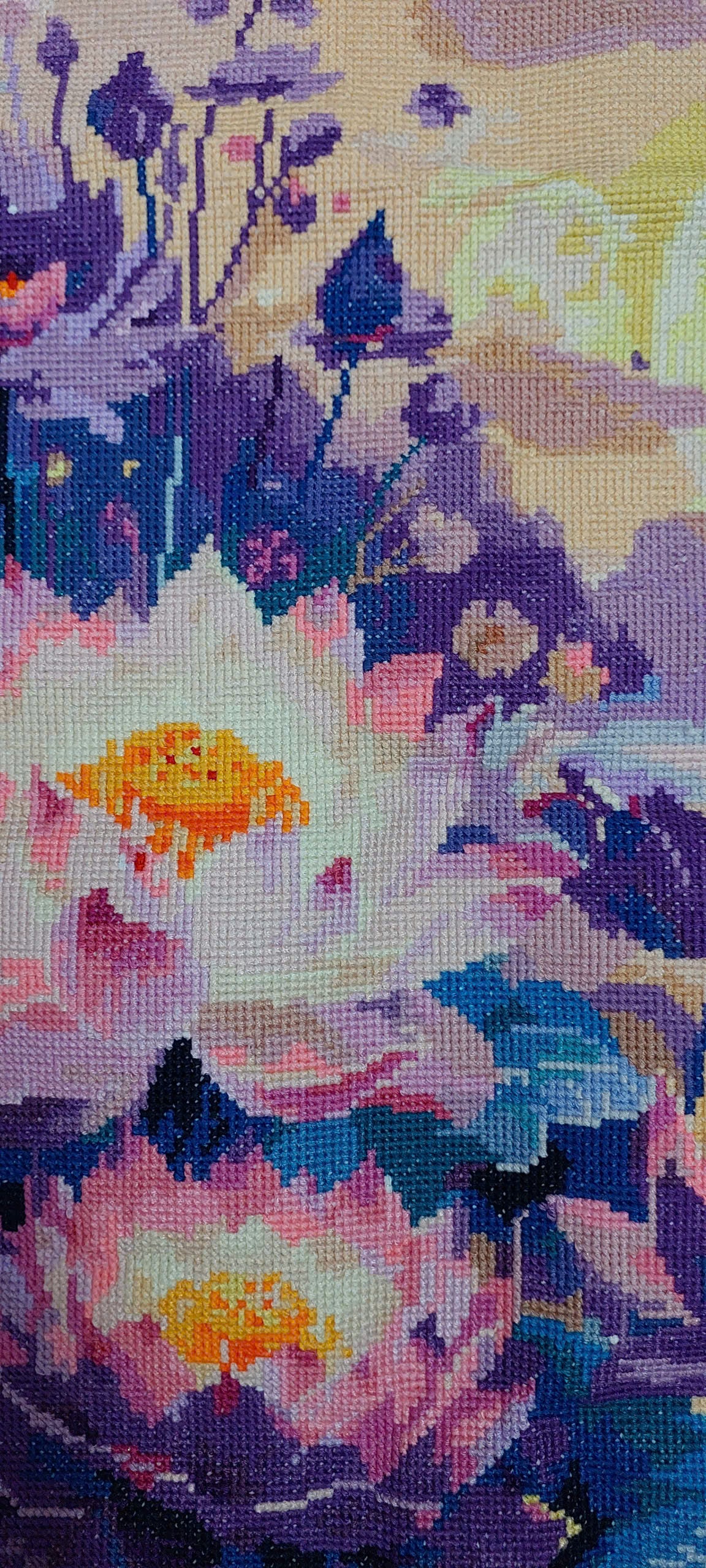Finished Cross Stitch Wall Art - Sunset Lotus Pond