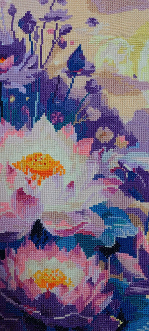 Finished Cross Stitch Wall Art - Sunset Lotus Pond