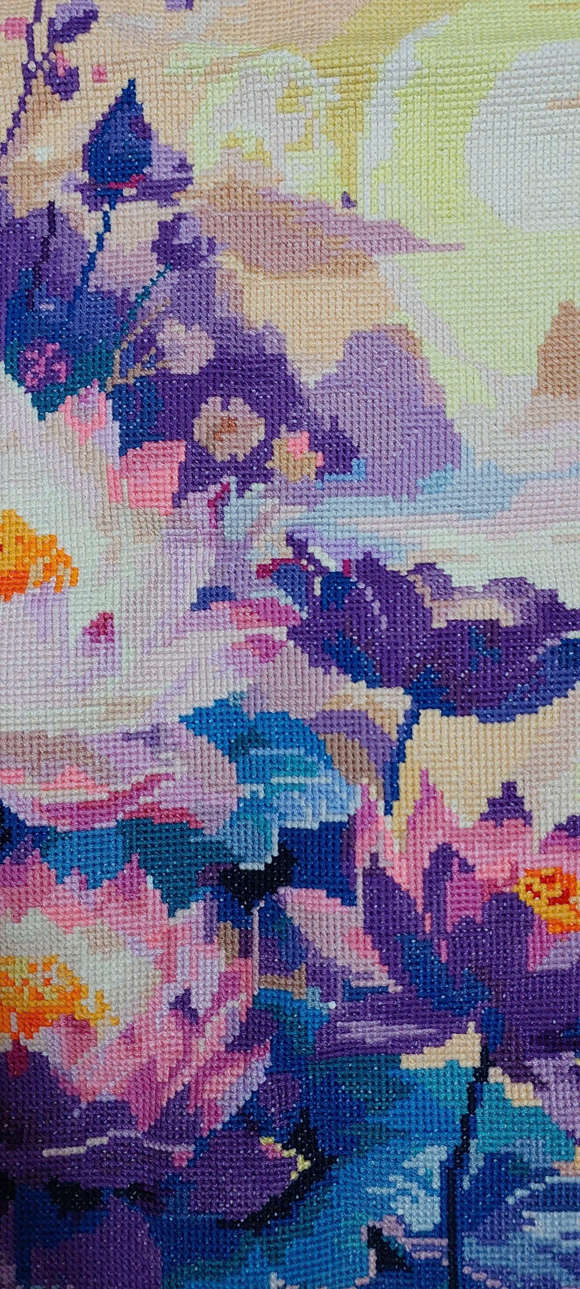 Finished Cross Stitch Wall Art - Sunset Lotus Pond
