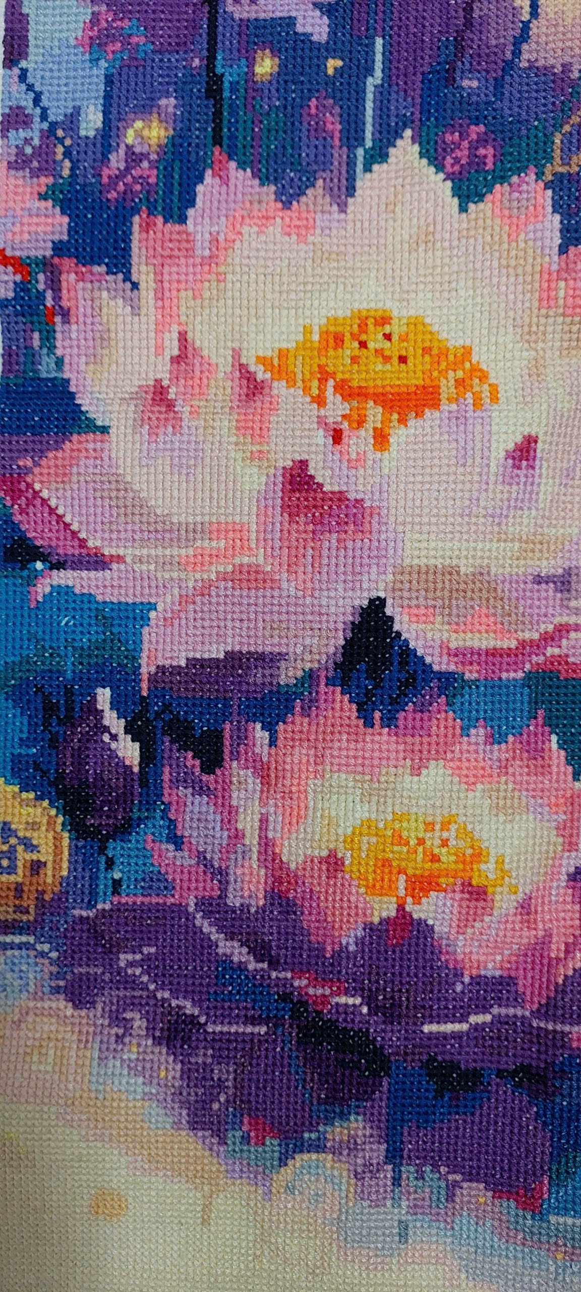 Finished Cross Stitch Wall Art - Sunset Lotus Pond