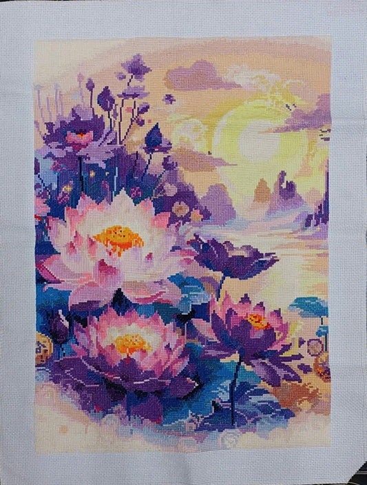 Finished Cross Stitch Wall Art - Sunset Lotus Pond