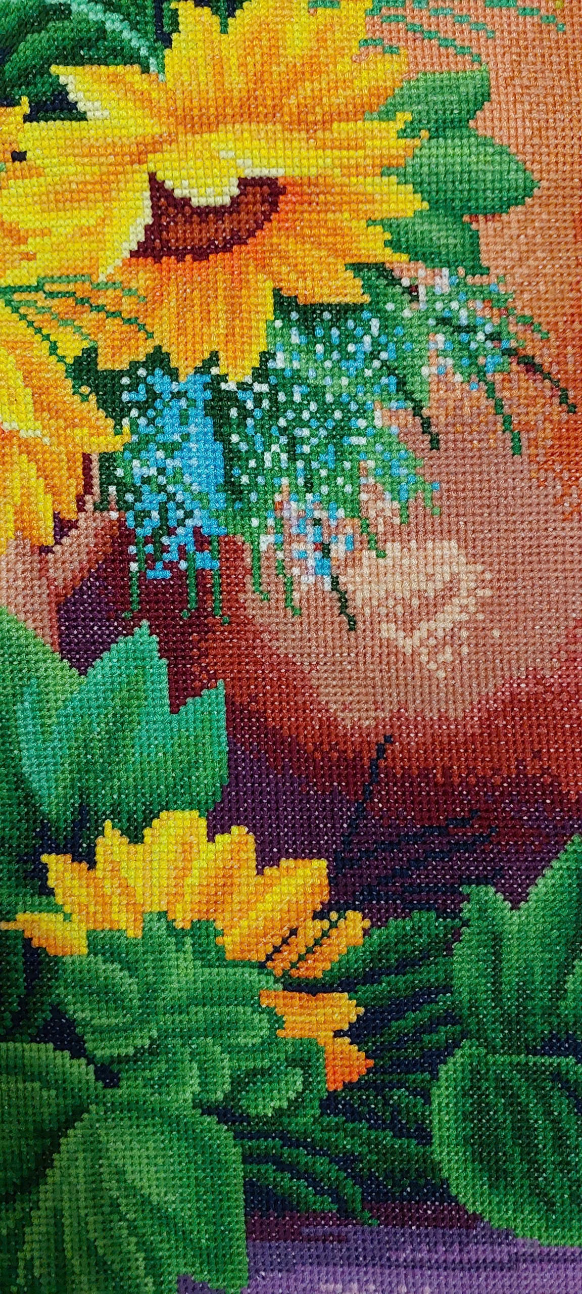 Finished Cross Stitch Wall Art - Rustic Sunflower Bouquet in Pitcher (Completed Handmade Canvas, Full Coverage Textile Art)