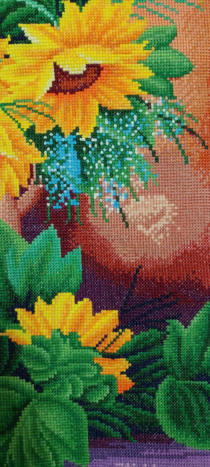Finished Cross Stitch Wall Art - Rustic Sunflower Bouquet in Pitcher (Completed Handmade Canvas, Full Coverage Textile Art)