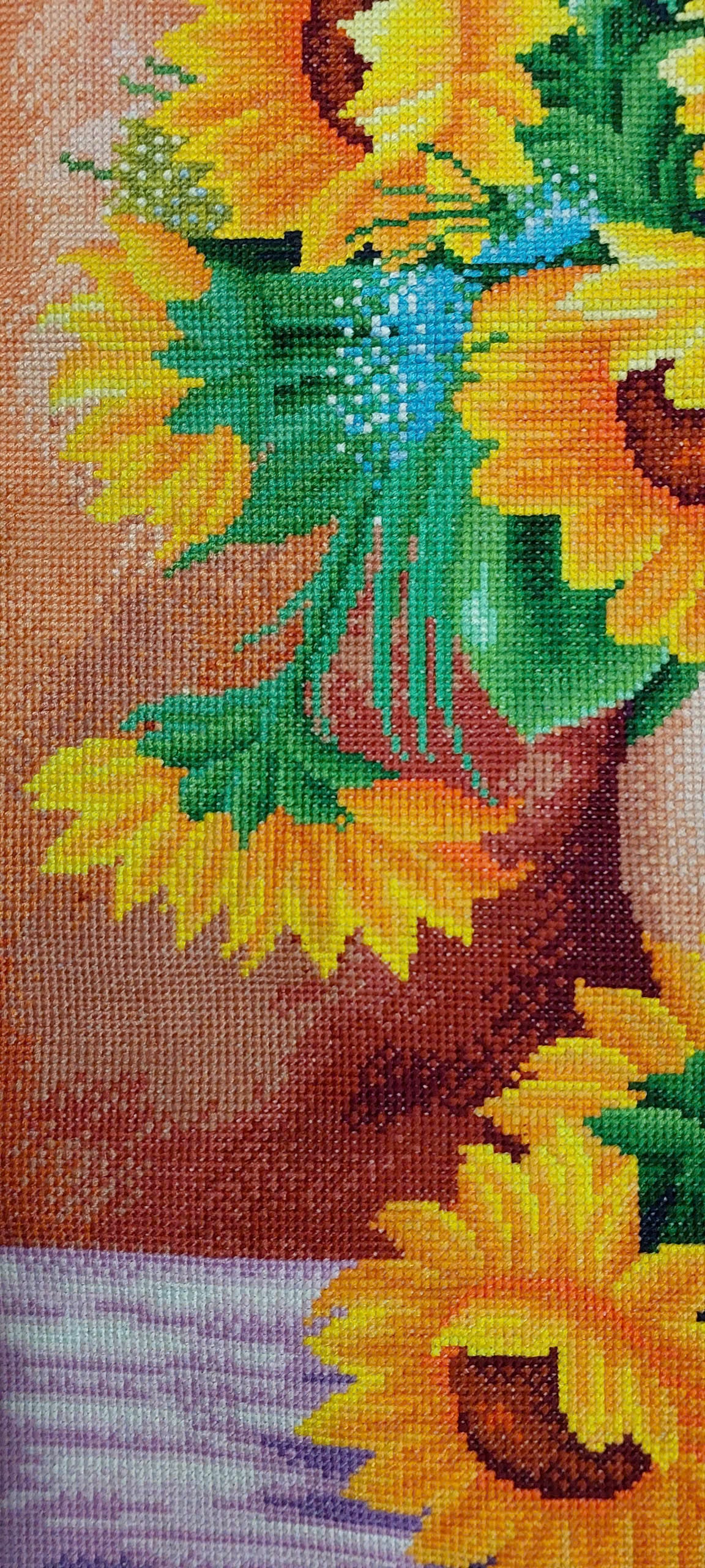 Finished Cross Stitch Wall Art - Rustic Sunflower Bouquet in Pitcher (Completed Handmade Canvas, Full Coverage Textile Art)