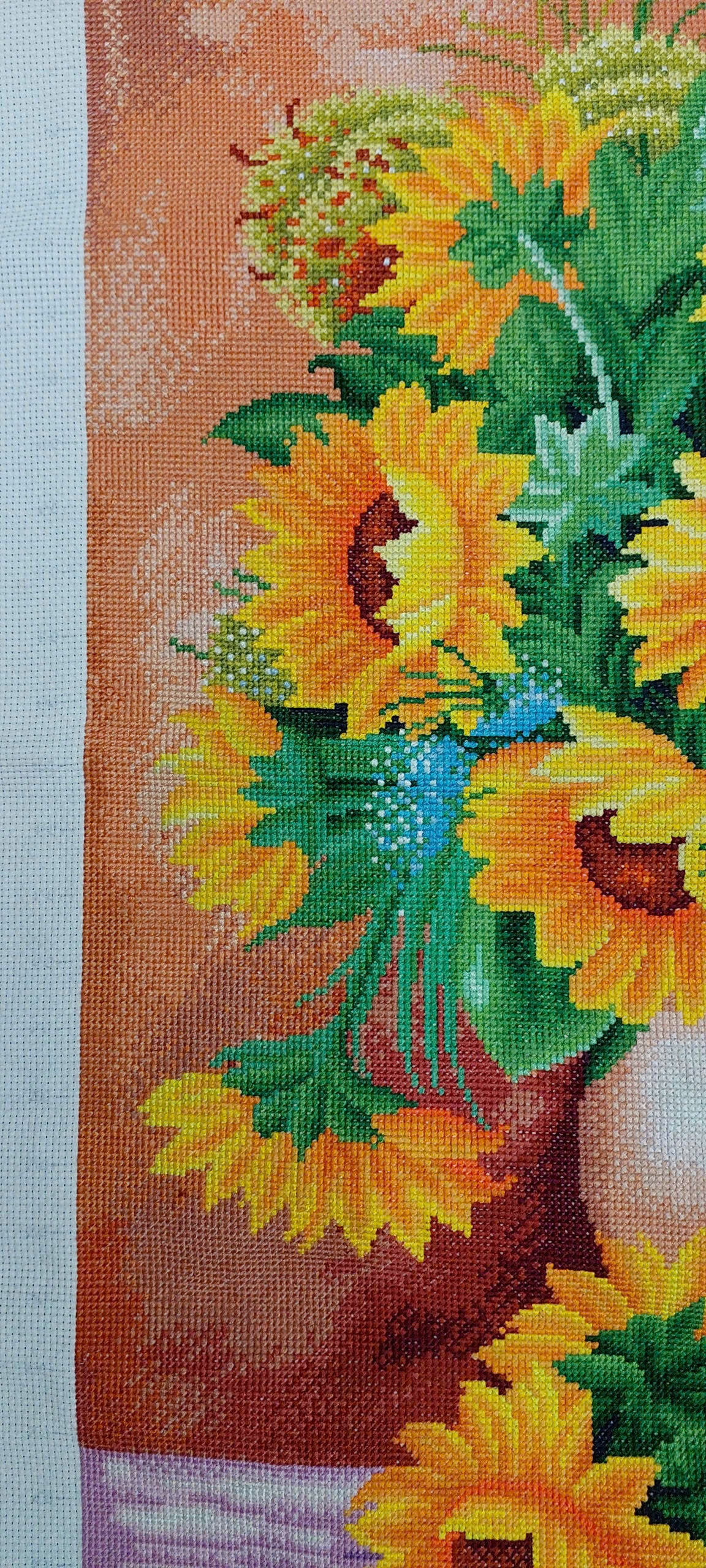 Finished Cross Stitch Wall Art - Rustic Sunflower Bouquet in Pitcher (Completed Handmade Canvas, Full Coverage Textile Art)
