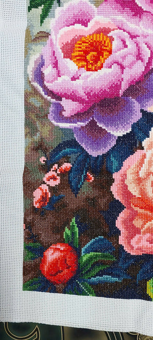 Finished Cross Stitch Wall Art - Imperial Peony Blooms