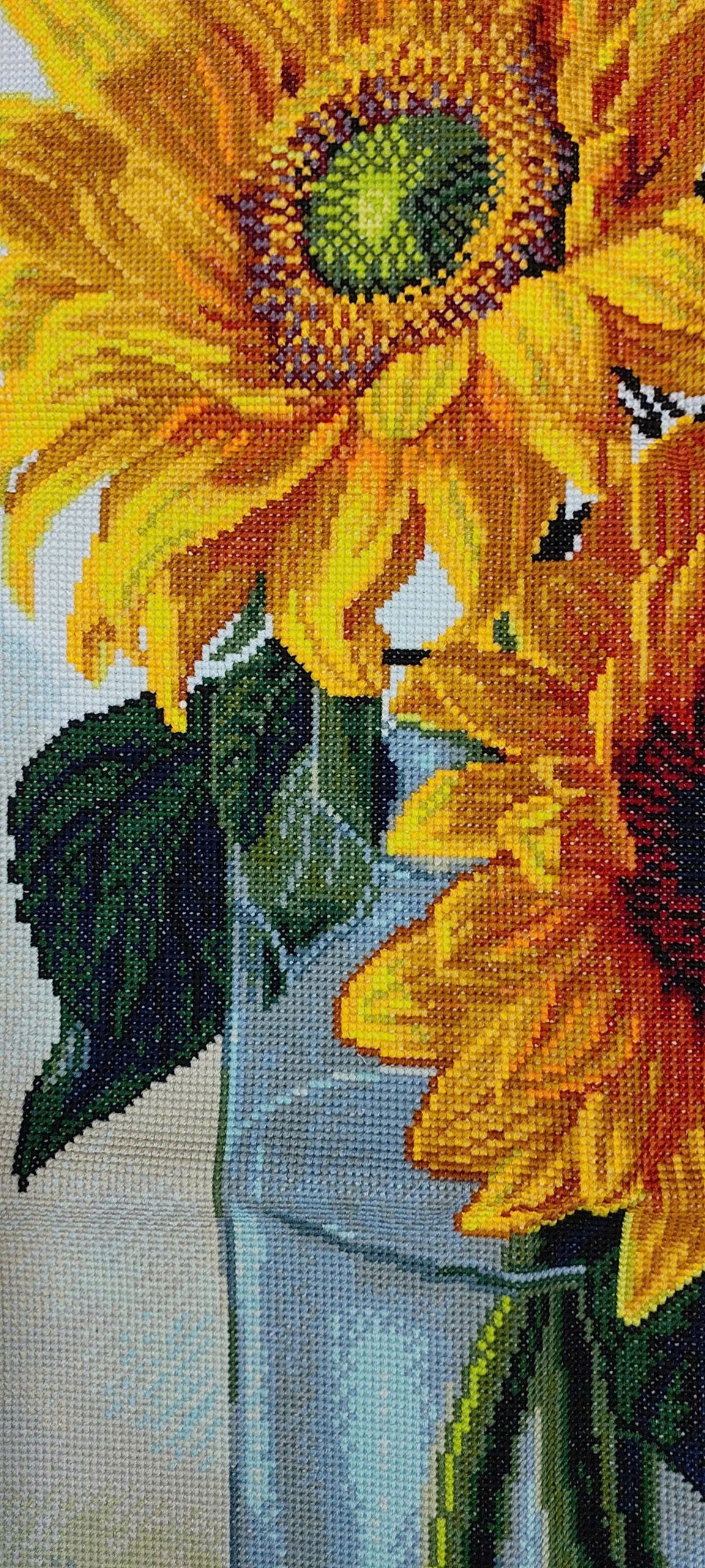 Finished Cross Stitch Wall Art - Elegant Sunflowers in Glass Vase