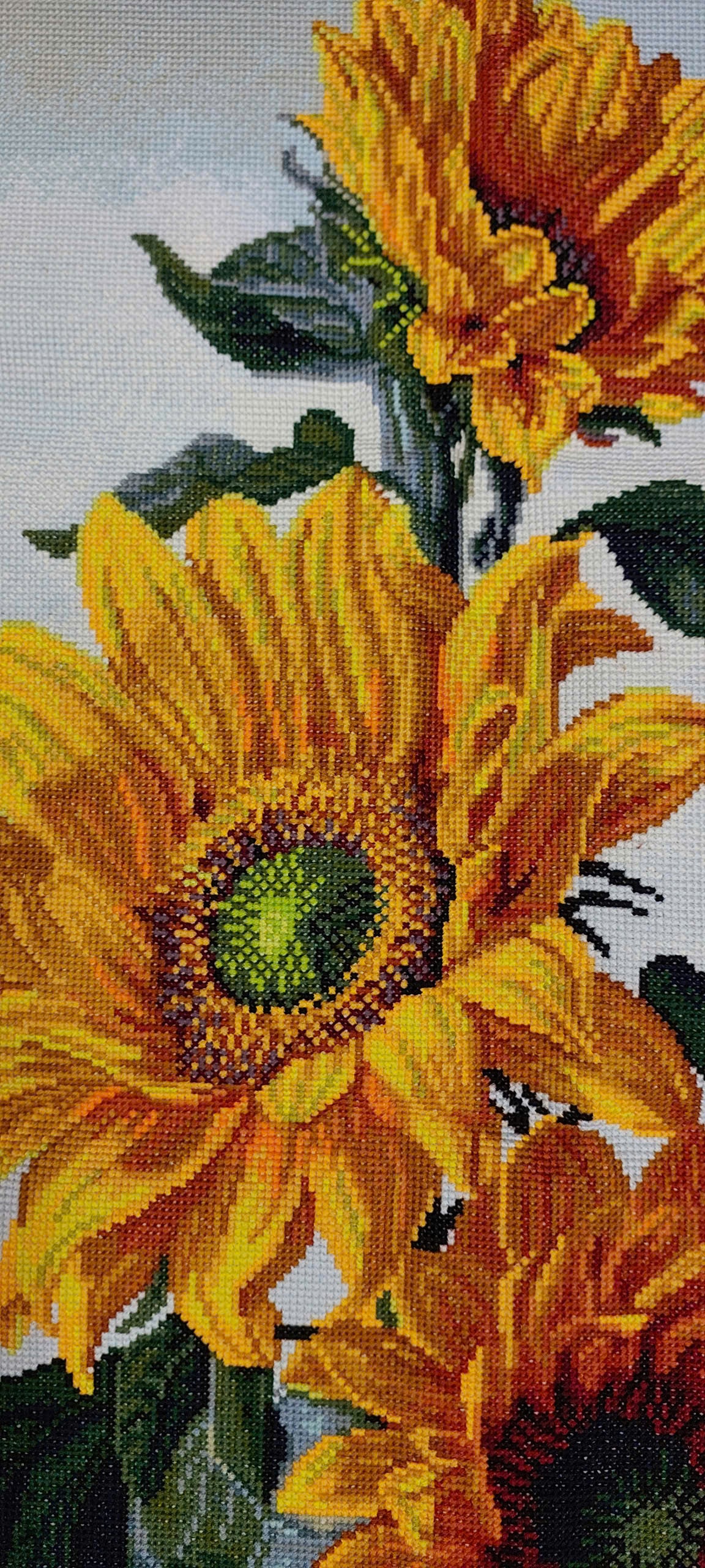 Finished Cross Stitch Wall Art - Elegant Sunflowers in Glass Vase