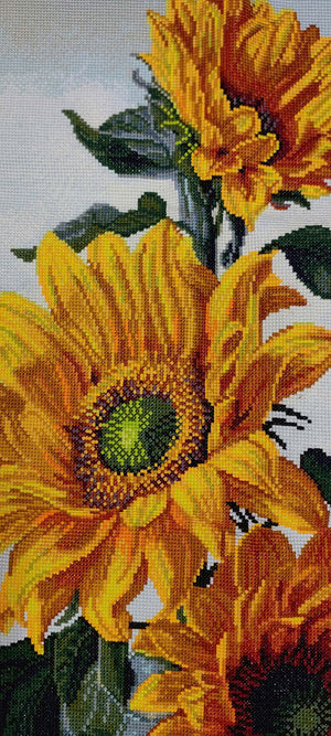 Finished Cross Stitch Wall Art - Elegant Sunflowers in Glass Vase