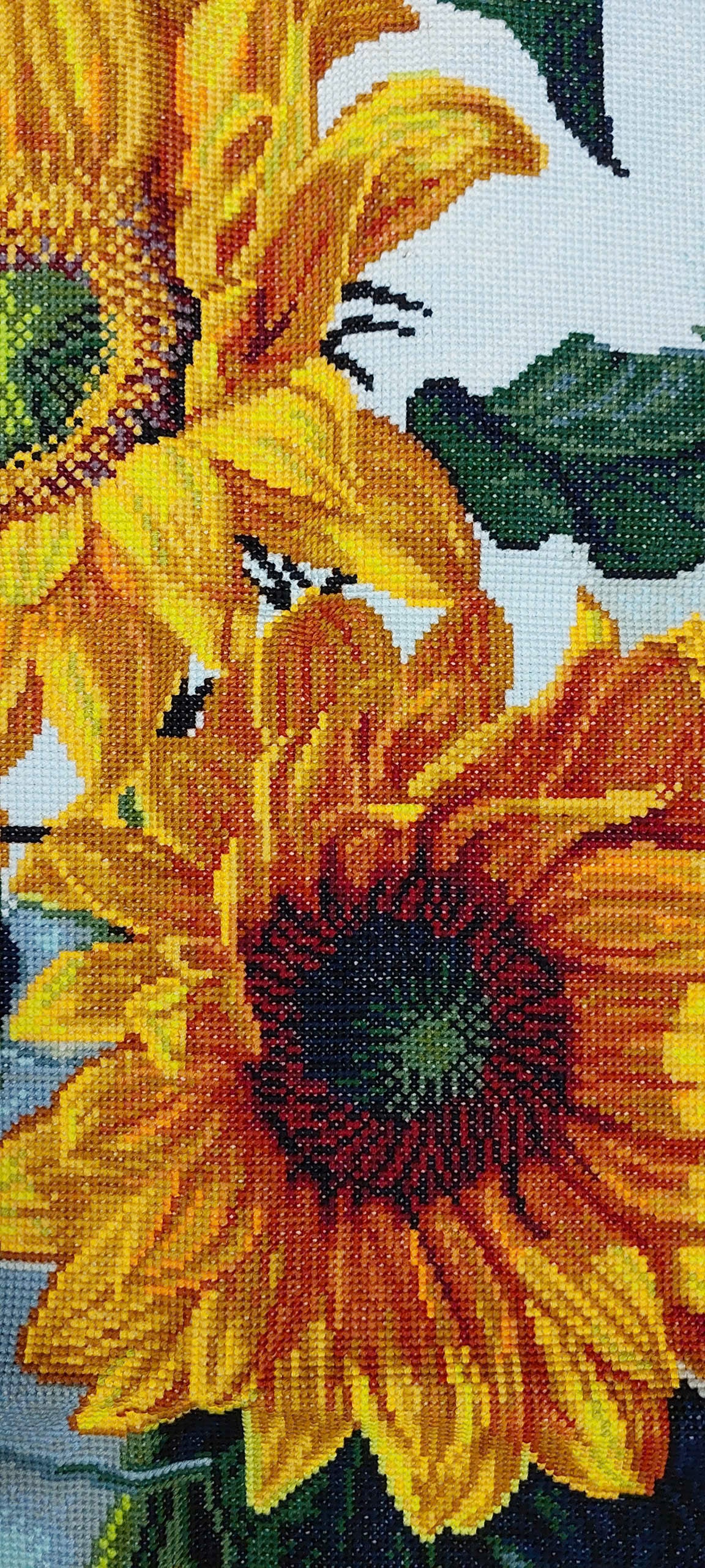 Finished Cross Stitch Wall Art - Elegant Sunflowers in Glass Vase